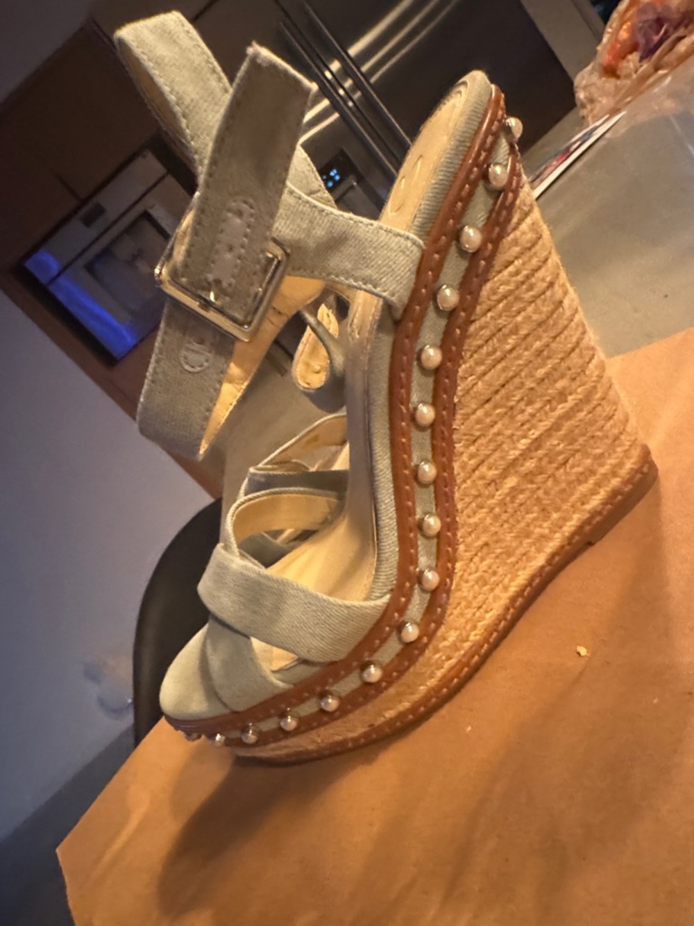 Jessica Simpson Light Gray Espadrille Pearl-Trim Wedge Sandals